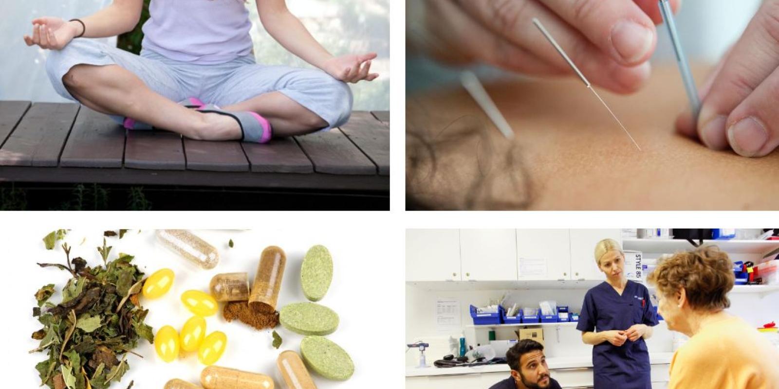 Photos showing woman meditating, herbs and pills, acupuncture needles, and a patient consulting healthcare professionals